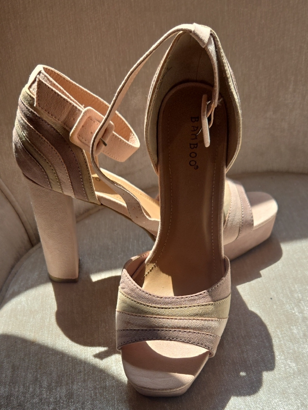 BAMBOO Blush and Beige Platform Block Heel Sandals